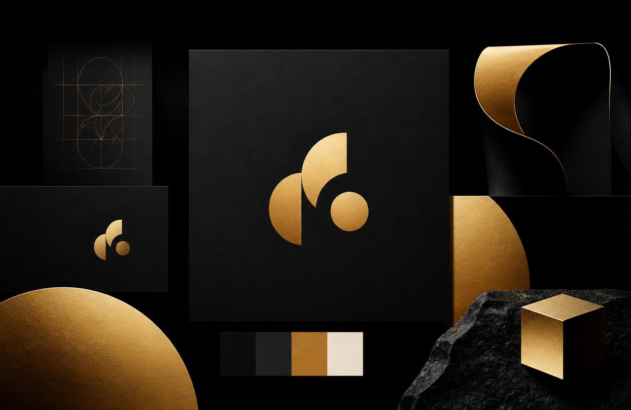 Premium black-and-gold brand identity system with logo marks, grid construction, and a colour palette