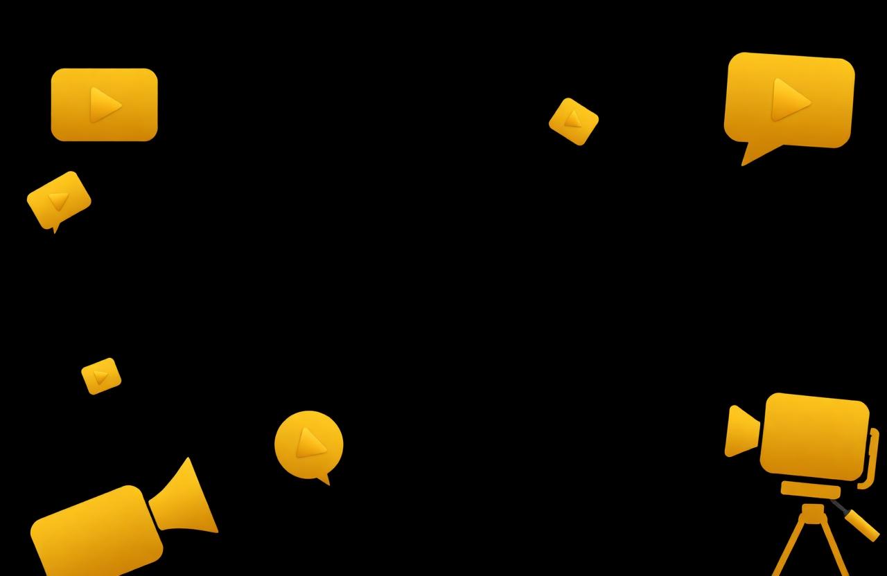 Golden play buttons and speech bubbles on a black background