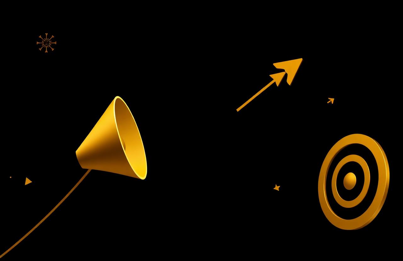 Golden megaphone, arrow, and target on a black background