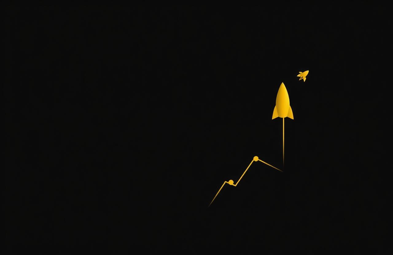 Golden rocket rising above a growth chart on black