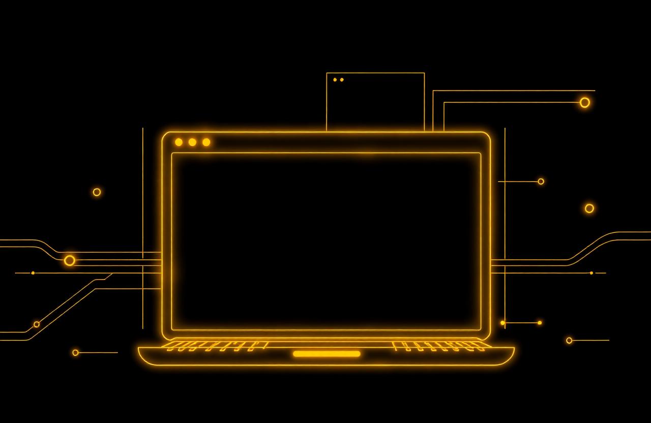Neon golden browser window outline on a black background
